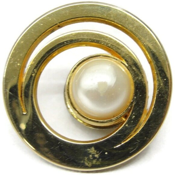 Vintage Brooch Costume Jewelry Double Ring Large Imitation Pearl Gold Tone - Picture 1 of 10
